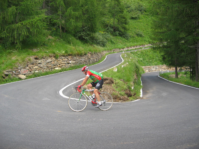Larry Theobald of CycleItalia ascending the Gavia's south face.