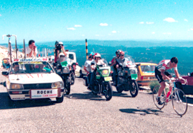 roche riding to the top of Mt. Ventoux in the 1987 Tour de France