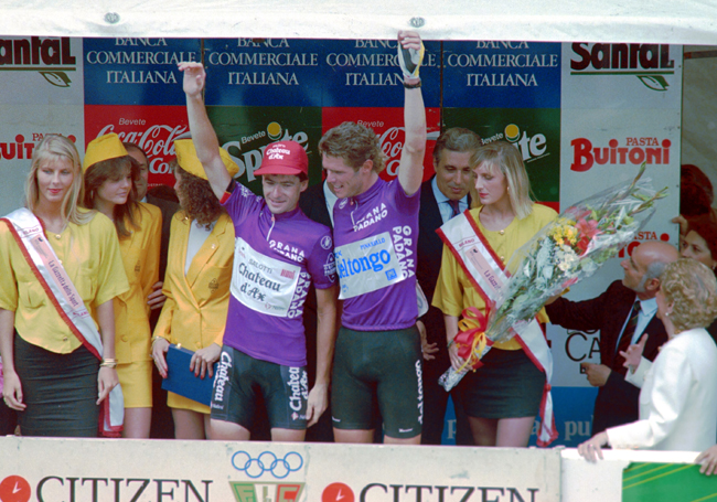 Bugno with Cipollini on the final podium of the 1990 giro d'Italia