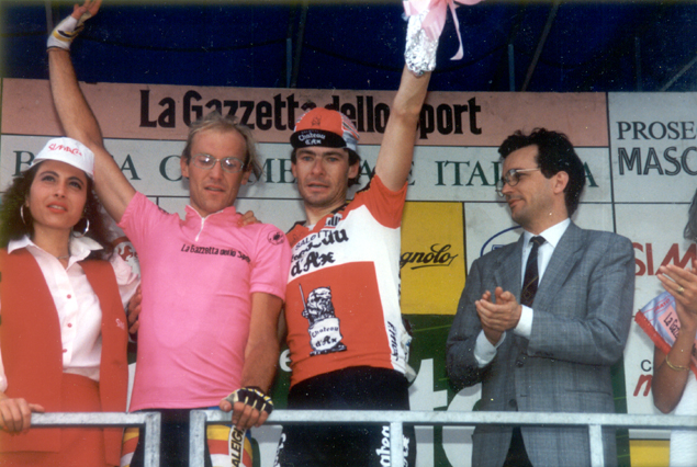 Laruent Fingon wearing the pink jersey at teh 1989 MGiro-d'Italia