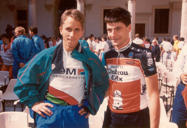 Greg LEMond with Gianni Bugno at the teams presentation of the 1988 giro